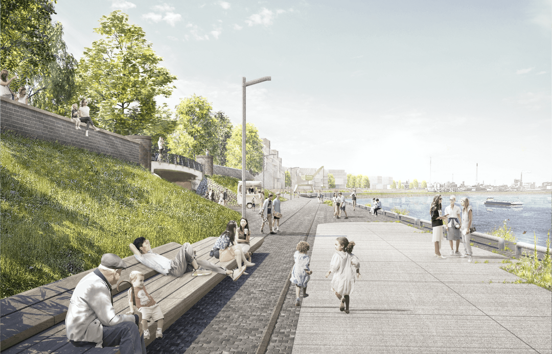 Auszug Juryprotokoll: "Die Verfasser:innen gestalten den von Ihnen als  zwischen Stadt und Fluss identifizierten linearen Raum als  Es spannt sich vom Pumpwerk im Norden am Rheinblick bis zur Uerdinger Brcke im Sden, bedient sich weniger Materialien, die zu einer schlichten, ab er kraftvollen Groform gefgt werden. Ortbetonbnder, Natursteinflchen und Schotterstreifen in ausreichenden Breiten geben die Nutzung der Flchen vor und berzeugen durch rauere Oberflchen (...)Die Mblierung schafft ber unterschiedlich dimensionierte hlzerne Objekte vielfltige Verweilangebote in niedriger Uferholm sorgt wie in anderen Stdten am Fluss fr die notwendige Sicherheit vermutlich ohne Notwendigkeit zur Demontage bei Hochwasser."