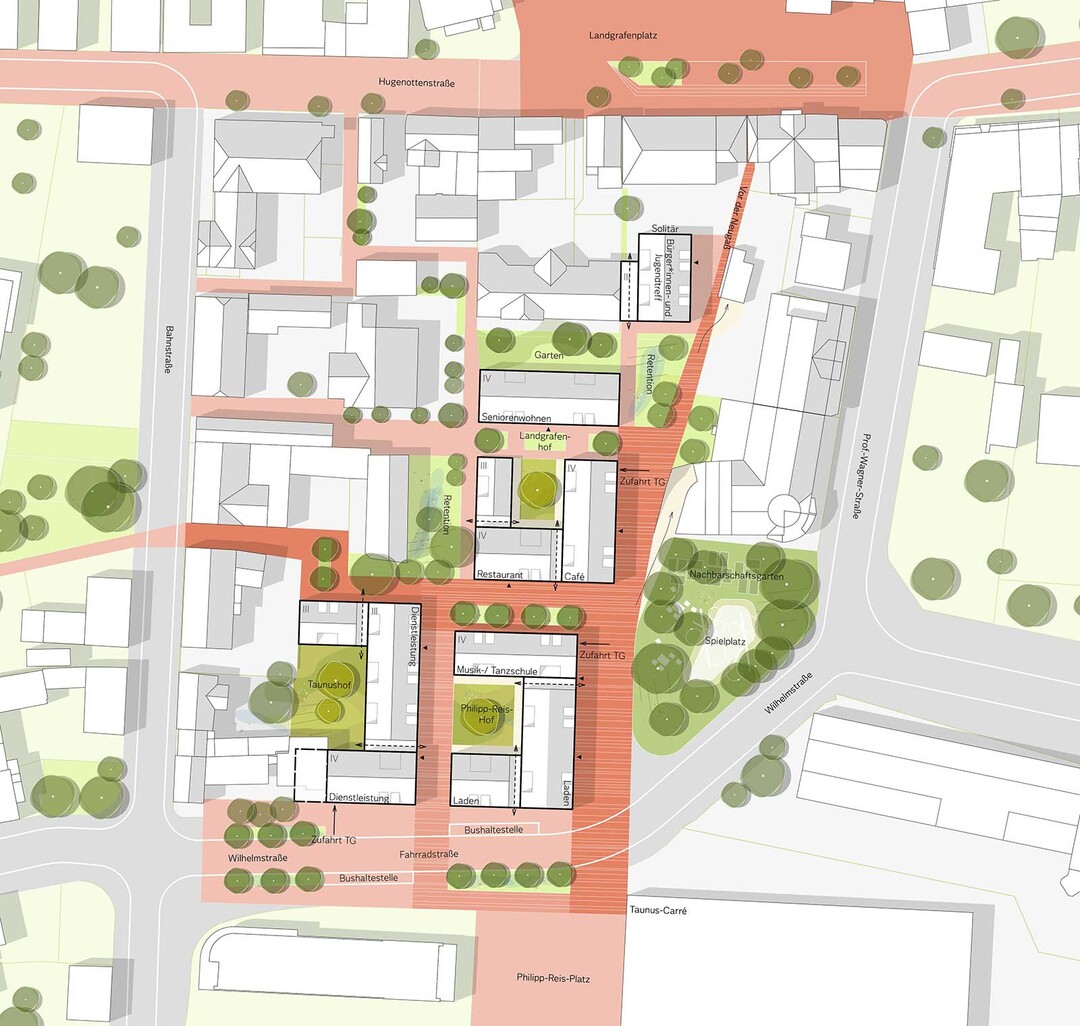 Das Quartier verzichtet auf einen dezidiert formulierten inneren Quartiersplatz und nutzt stattdessen die entstehenden Wegeverbindungen und das Motiv der Gngelchen durch Aufweitungen und Verengungen zur Gestaltung spannungsreicher und attraktiver ffentlicher Rume. (AUSZUG JURYPROTOKOLL)