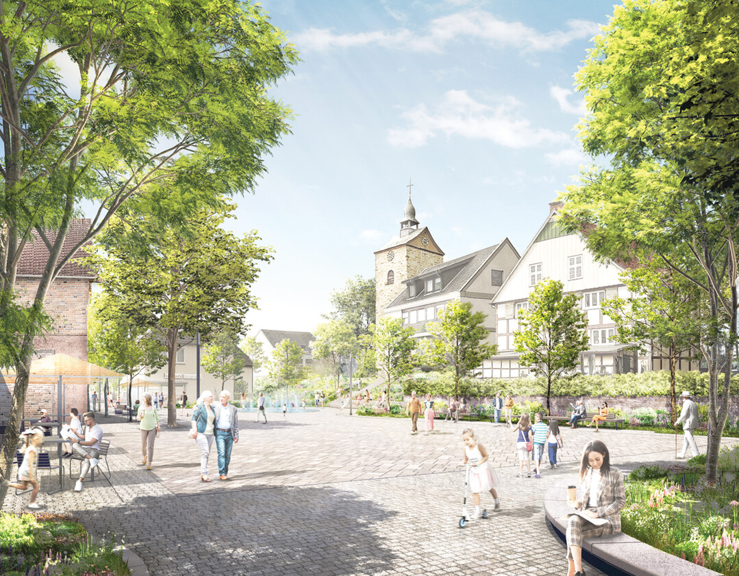 Am Barmeierplatz umspielt ein lockerer, grner Rahmen den Platz an seinen Rndern. Notwendige Parkpltze und Zufahrten werden so wenig strend integriert - Gastronomie und ffentliches Aufenthaltsangebot profitieren von der mastblichen, offenen Mitte und dem grnen Puffer. Es reizen die wieder und neu inszenierten Blick- und Wegebezge hinauf zur Stiftskirche, von der west-exponierten Platztribne in die Abendsonne und die spielerische Anbindung zum Mathildenplatz. [Auszug Entwurfserluterung, Franz Reschke Landschaftsarchitektur]