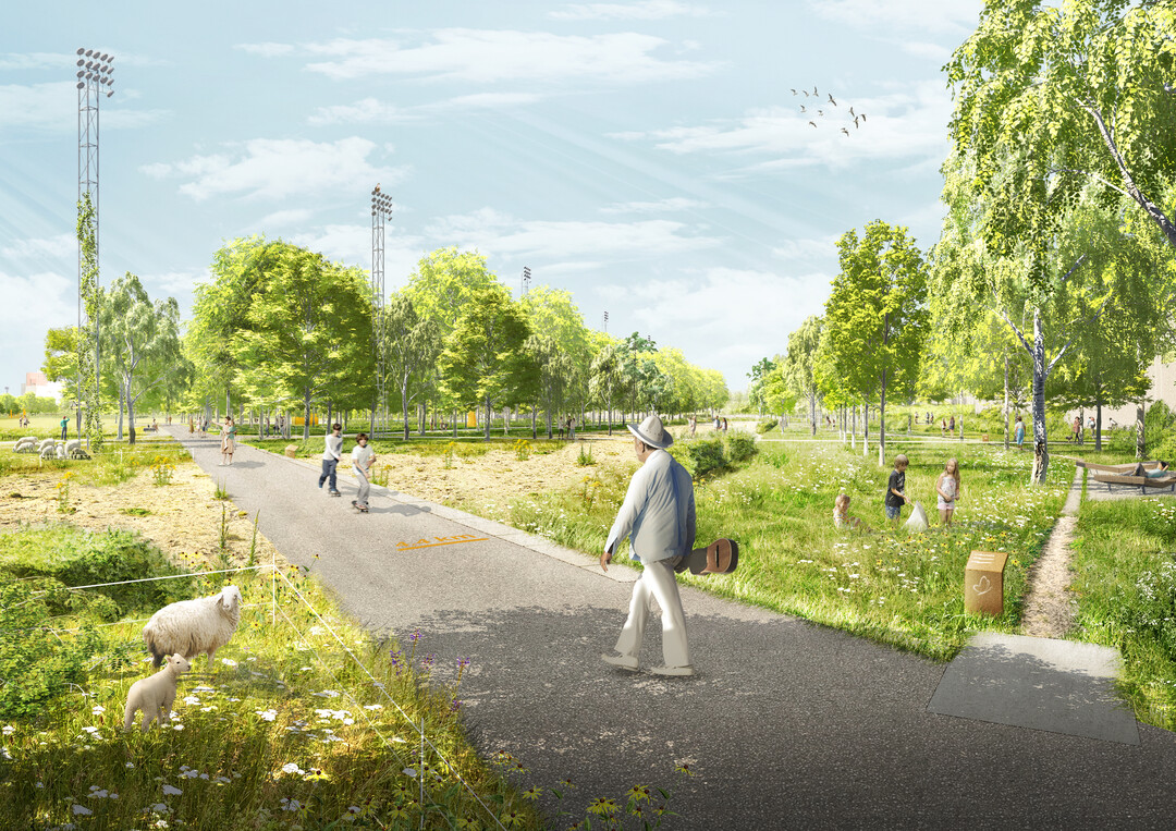 Die offene Weite der ehemaligen Rennbahn wird durch einen kraftvollen Baumrahmen gefasst und in Ihrer Kontur gegliedert. Es entstehen mastbliche Parkrume, abwechslungsreiche Raumfolgen und kontrastierend eigenstndige Atmosphren in den Parkteilen. Grozgige Parkfenster verbinden visuell zwischen Stadt- und Parkraum.
Ein differenziertes Wegenetz erschliet den weitlufigen Brgerpark barrierefrei fr verschiedene Geschwindigkeiten und Erlebnisse. Ein leicht versetzt zum Baumrahmen gefhrter Rundweg verbindet als mandrierende Wiesenpromenade die einladenden Parkentres und die baumberstandenen Wiesenterrassen als lockere Sequenz. Es entstehen vielfltige Rundwege variierender Breite und Materialitt  ergnzend wird sich absehbar ein feines Pfadwegenetz im Park etablieren, welches in der Entwicklung des Parks bercksichtigt werden kann. (AUSZUG ERLUTERUNGSTEXT)