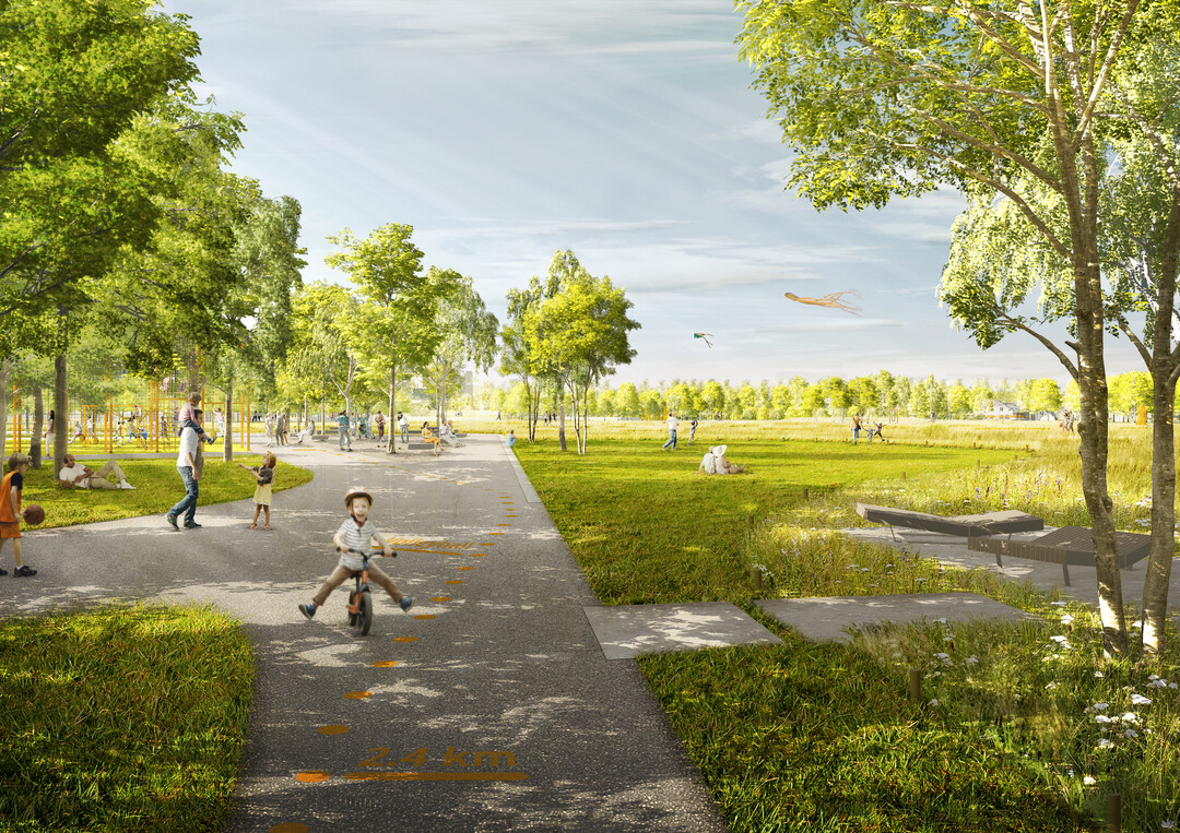 Innerhalb der robusten Grundstruktur des Parks werden verschiedene Nutzungsangebote integriert. Sie geben den Terrassen ihre Prgung  von aktiv sportlich, spielerisch bis kontemplativ-entspannt und naturnah-extensiv. (...)Ein Spaziergang entlang der Wiesenpromenade offenbart das spannungsvolle Wechselspiel von Offenheit, Schatten und weiten Blicken ber die Weite der Wiese und deren subtile Topografie. Verschiedene Wiesenbilder differenzierter Hhe und Rauigkeit gliedern die eindrckliche Weite, locken sie zu entdecken. Wegbegleitende Bnke und grozgige Mblierung auf den Pltzen bieten besten Aufenthalt. An die Wege angedockte, teils vorgelagerte, exponierte Wiesenterrassen lassen besondere Orte entstehen. (AUSZUG ENTWURFSTEXT)