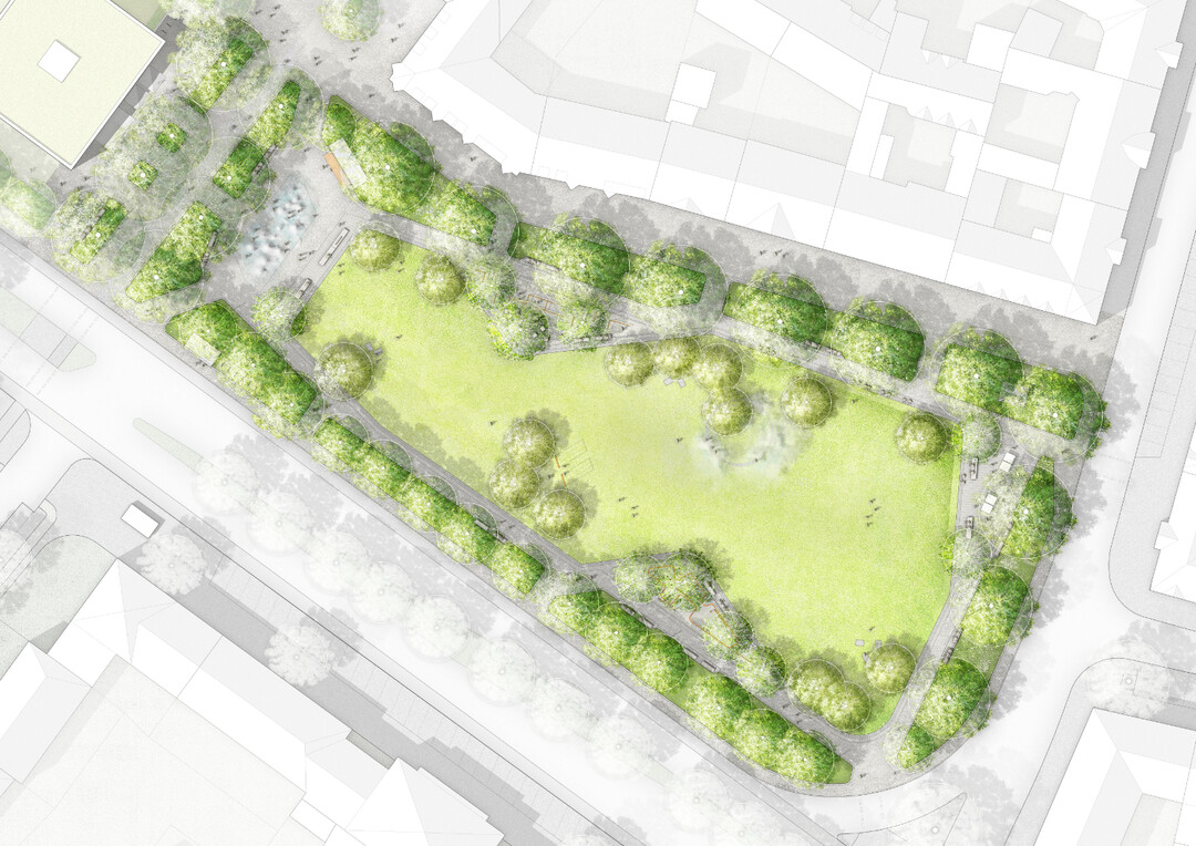 Eine weite Wiesenflche prgt die Mitte, eingeschoben sind Terrassen mit Spiel- und Sportangeboten. Im stlichen Bereich schliet eine Sonnenterrasse an, im westlichen ein Quartiersplatz mit Cafpavillon.