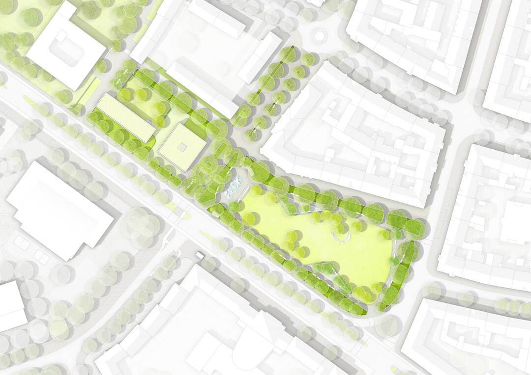 Auf kompaktem Raum soll der Platz in grner Fassung Raum geben fr das Alltgliche und Besondere. Der Freiraum fungiert dabei zugleich als grn-blaue Infrastruktur im dicht besiedelten und versiegelten Stadtraum und ist Auftakt zur angrenzenden bergeordneten Grnverbindung.
