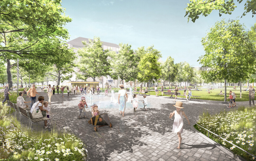 Ein Wegenetz aus einheitlichem Belag samt Platzaufweitungen schafft einen ruhigen Rahmen. Die Mblierung vermittelt zwischen Platzmitte und auen. Die Visualisierung zeigt den Quartiersplatz