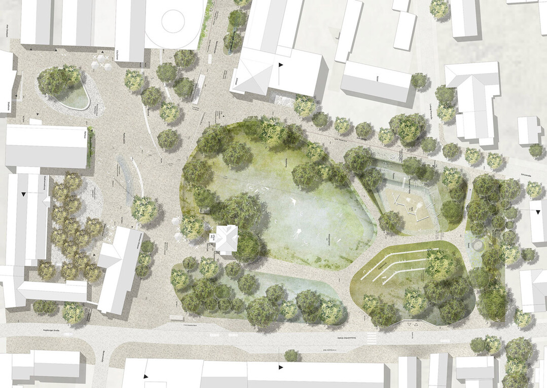 Der Stadtpark wird mit einer offenen Mitte umgeben von mit Bumen bestandenen Grninseln zum grnen Teil des Herzes Gersthofens. Ein attraktives Spielangebot fr Kinder, Fitnessparcours fr alle Generationen fgen sich genauso selbstverstndlich ein, wie Retentionsflchen fr Starkregenereignisse und Biotopflchen im Norden. Die Notwendigkeit der Tiefgaragenzufahrt wird durch eine topografische berformung wie selbstverstndlich in den Park integriert. Dabei entsteht der der Nachmittags- und Abendsonne zugewandte der Gersthofer Sonnenrang mit Blick auf die Wiesensenke als neuer Anziehungspunkt im Stadtpark. Das Zentrum bildet die weite Wiesenflche, die multifunktional nutzbar ist und auch als Bhne fr die Rnge dienen kann.