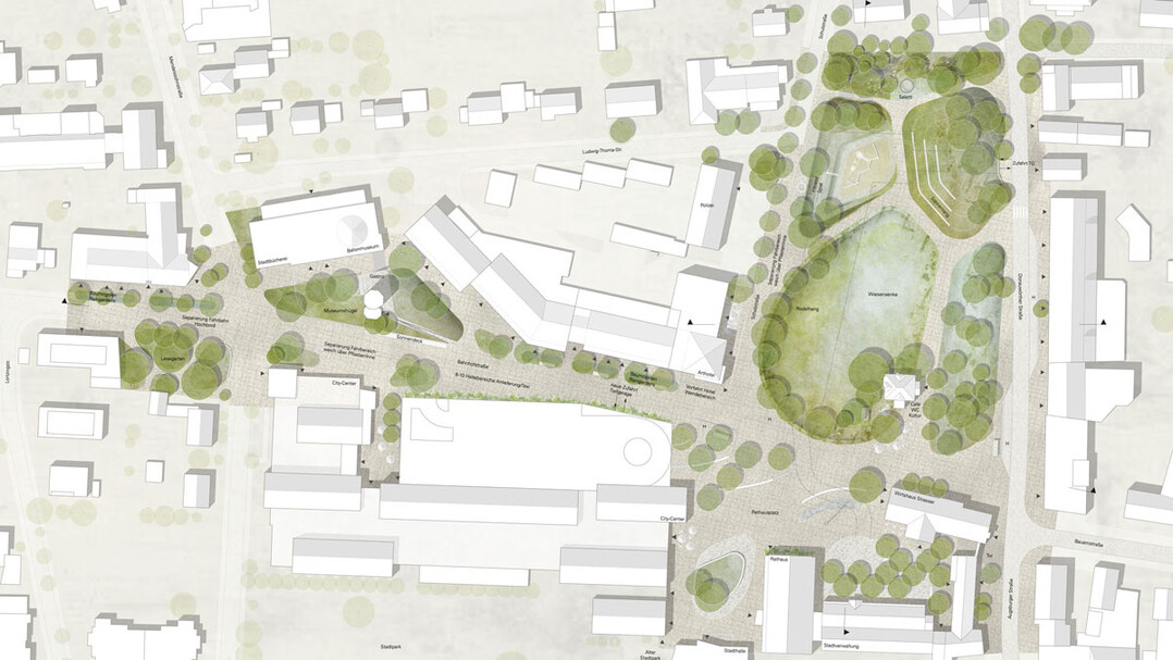 Die Raumbildung wird dabei von den wichtigen Bewegungsstrmungen beeinflusst. Verknpfungen werden gestrkt und Neue hinzugefgt. Aus diesem Grundgerst kristallisieren sich Platzsituationen und das Zentrum mit dem Rathausplatz heraus. Durch eine gezielte Verformung werden die Rume klar definiert und der Blick gelenkt. Aufweitungen und das Spiel mit Enge und Weite im Stadtpark ziehen die Besucher hinein und schaffen immer wieder interessante Raumabfolgen und Blickbeziehungen.