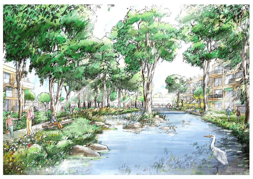 Am renaturierten Altarm der Wrm wird eine kleine Furt aus Steinen eingebracht, die das Wasser aufwirbeln, aber auch zum inoffiziellen berqueren auf die kleine Flussinsel animieren. (AUSZUG ENTWURFSTEXT)
