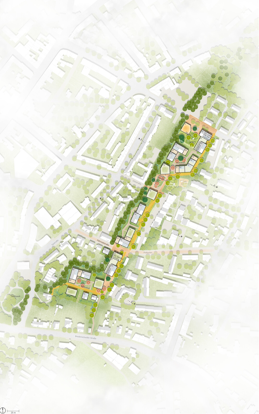 Das stdtebauliche Konzept setzt neue Impulse fr den Pottacker in Hattingen. Es entstehen zwei freirumlich geprgte Achsen in dessen Mitte der Stdtebau eingefasst wird. Das westliche Bestandsgrn bleibt als Grner Rcken erhalten, wird angereichert und zu einem weitestgehend nutzungsfreien StadtNatur-Band ausgebildet. Die Achse Urbanes Leben gibt dem Quartier eine Adresse und bernimmt die Erschlieungsfunktion. AUSZUG ERLUTERUNGSTEXT