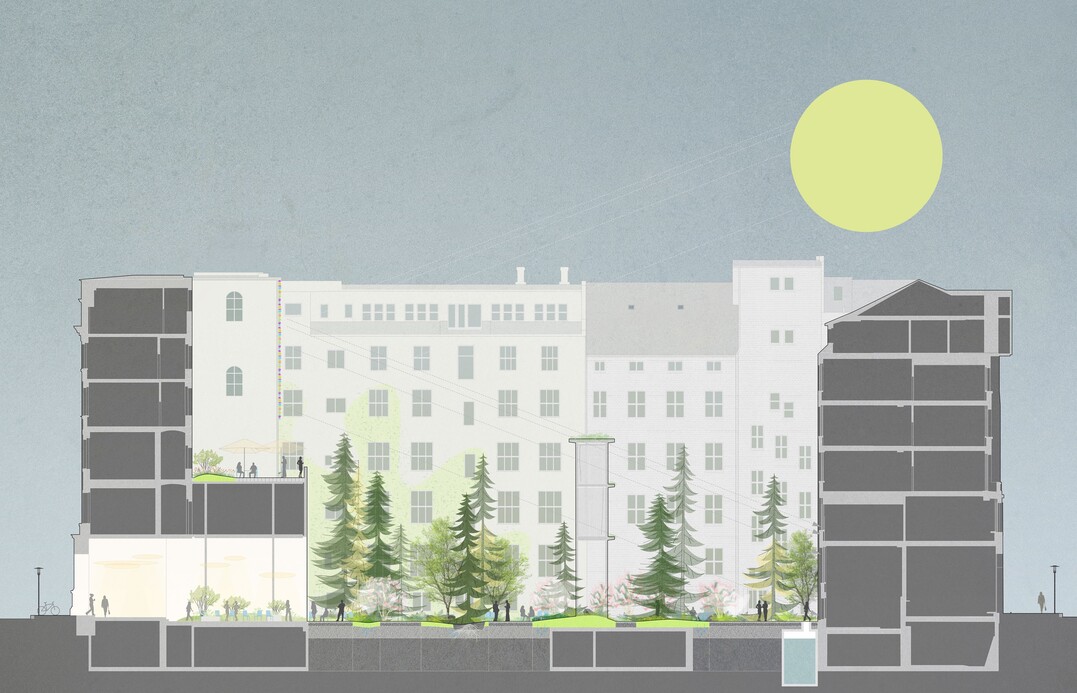 Die Arbeit berzeugt durch die Schaffung einer grnen
Gegenwelt zum urbanen Kontext. Unter Beachtung von
funktionalen und programmatischen Aspekten werden die
Grnflchen im Innenhof maximiert. Es entstehen Mulden
und Hgel; Licht, Wasser, Vegetation und Stein prgen die
Atmosphre. Ein verbindender, mandrierenden Weg
entschleunigt und schafft in seinen Windungen Aufenthalts- und
Kommunikationsnischen. Frei bewegbares Mobiliar ist
gut vorstellbar. AUSZUG JURYPROTOKOLL