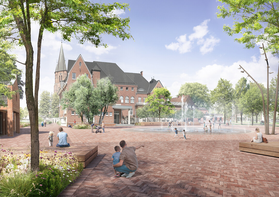 Der zentrale Platz auf der Rathausinsel wird zum grn-blauen Aufenthaltsort fr die Papenburger
BrgerInnen und BesucherInnen. Khles Nass, Schatten spendende Gehlze, blhende Stauden und
Strauchpflanzungen schaffen einen reprsentativen Stadtplatz, der zum Spielen, Flanieren,
Erholen und Verweilen einldt. (AUSZUG ERLUTERUNGSTEXT)