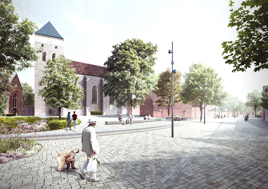 Kirchplatz und Vitusstraße werden als historischer Ortsursprung wieder kenntlich gemacht und
gestalterisch zusammengefasst. Der Kirchplatz wird zum „Kirchgarten“, die Vitusstraße zu einer
begrünten, aber urbanen Ortspromenade entwickelt. Die starke visuelle und tatsächliche Barriere
des Parkplatzes am Südende des Kirchplatzes wird rückgebaut und durch einen sanften
Übergang zwischen Kirch- und Vitusstraßenniveau ergänzt. Zwei schmale Stufen gliedern
zwischen Platz und Straße und leiten mit natürlichem Schwung in den nördlichen Bereich des
Kirchplatzes und entlang der historischen Häuserreihen. (AUSZUG ERLÄUTERUNGSTEXT)