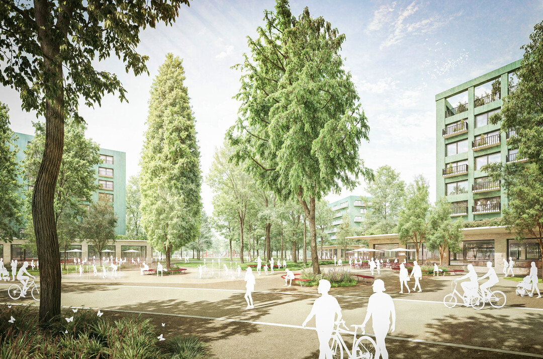 Am U-Bahnhof Langenhorn Nord entwickelt sich in Variationen der angrenzenden Baufelder eine grne Mitte als zentraler Quartiersplatz, welcher sich zum See hin ffnet. Hier im Erdgeschoss sind auch die Sondernutzungen, wie Supermarkt, Lden, Cafs, Praxen und ein Quartierstreff angeordnet. Sie werden baulich herausgearbeitet und schaffen die Verbindung zwischen dem kleinmastblichen Bestand und der vier bis achtgeschossigen Neuen Wohnbebauung. Intensiv bepflanzte Dachgrten ber dem Erdgeschoss werden zu dem prgenden Motiv fr das Quartier und bilden einen Puffer zwischen der gewerblichen Nutzung und dem Wohnen. AUSZUG PRSENTATIONSPLNE GEWINNERTEAM