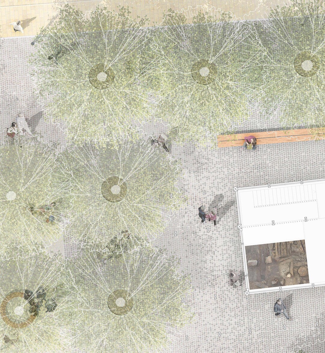Das Platzensemble um den Hopfenmarkt wird ber Belagsflchen und das groe Baumdach verbunden. Der leichte Holzpavillon um das Archologische Fenster ist radial zum Wall ausgerichtet ohne eine Platzrckseite zu bilden. Das Gebude integriert sich in das Baumdach und lsst den Blick auf das Denkmal St. Nikolai frei. An der Holzbrcke entsteht ein neuer Platzraum.[Auszug Erluterungsbericht]