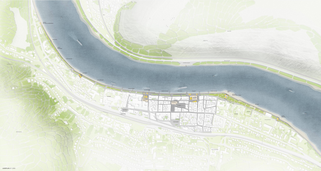 Konzept Siegerentwurf: Die Verfasser entwickeln aus dem Bestand heraus eine urbane Stadtpromenade - schlicht, aber hochwertig. Ein einheitlicher Belagsteppich verbindet Altstadt und Rhein, entlang der Promenade reihen sich besondere Orte als Aufenthaltsrume, grozgig und offen gestaltet. Kompakte Baumpakete wechseln sich mit Solitrbumen ab, eingebunden dabei sind dieBestandsbume.