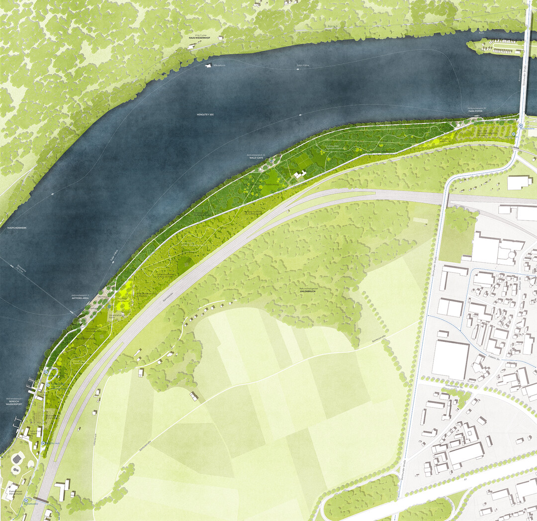 Das Rckgrat der neuen Parkflchen bilden Wegebnder unterschiedlicher Hierarchie und Funktion, die
das Gebiet in Lngsrichtung uferbegleitend durchziehen. Die Trennung von ufernaher Flanierpromenade
und rckwrtig gefhrtem Ruhrtalradweg fhrt zu einer Konfliktminderung und Steigerung der
Erlebnisqualitt. Im Sinne der Nachhaltigkeit erfolgt die Trassenfhrung bestandsnah, um wertvolle
Gehlzbestnde zu schonen. Gleichzeitig werden die vorhandenen unterschiedlichen Qualittenzwischen Wald und Sukzessionsflchen durch die Wegefhrung klar abgegrenzt. Untergeordnete Wege
und Pfade knpfen ein Netz, das zu den verschiedenen Attraktionen innerhalb der Flchen fhrt. (AUSZUG ERLUTERUNGSTEXT)