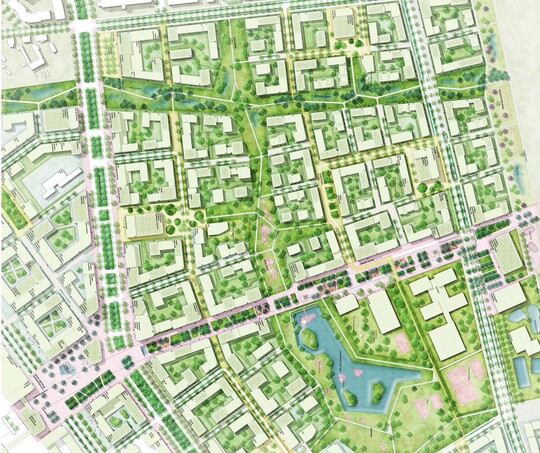 Der Entwurf berzeugt durch eine gut proportionierte Gliederung des Entwicklungsgebiets mittels eines Grundgerstes aus Grnzgen und urbanen Achsen. Insbesondere die Vernetzung der neuen Grnstrukturen als auch deren Weiterentwicklung in die umgebenden Stadt- und Landschaftsrume wird positiv bewertet. Auch die rumliche Dimensionierung und Positionierung der Grnachsen wird positiv bewertet. [Auszug Juryprotokoll]