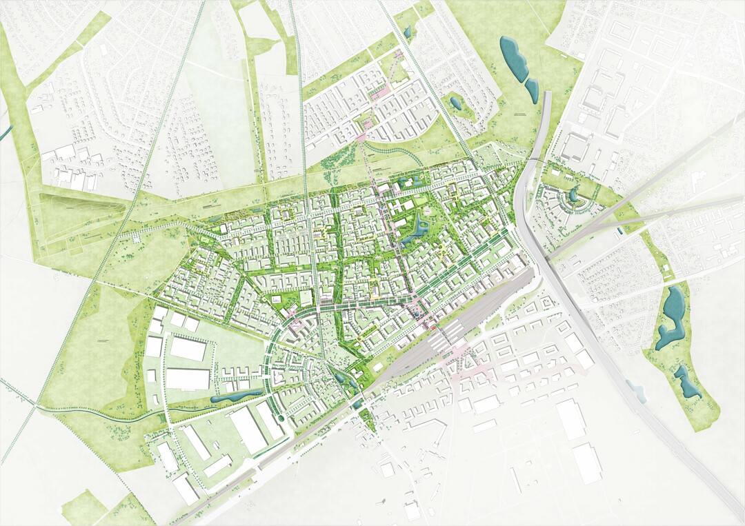 Ausgehend von den bestehenden Strukturen der Grnachsen, der Erschlieungsstraen, der zuknftigen U-Bahn, dem Mauerpark, dem Landschaftspark und dem bestehenden Zentrum wird eine neue Stadt-Landschaft gewoben. Die beiden zentralen Elemente neuer Identitt sind urbane Dichte und vielfltiges Stadtgrn.[Auszug Entwurfserluterung]