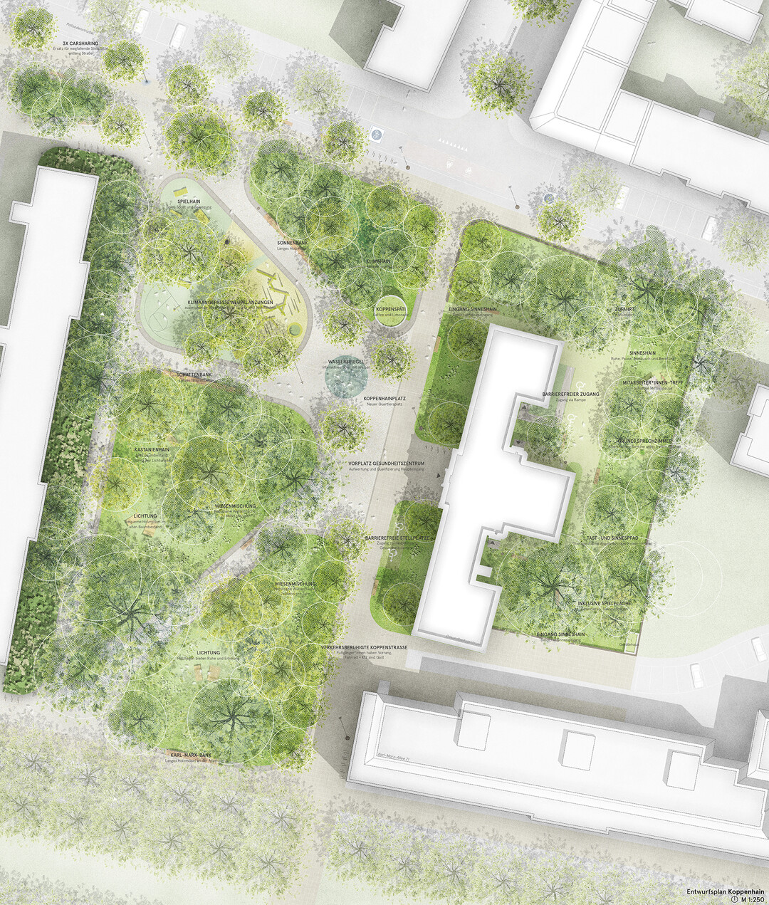 Der neue Quartiersplatz Koppenhainplatz ist am Eingang des
Gesundheitszentrums richtig verortet und schafft eine Verzahnung zwischen
dem Park und dem Gesundheitszentrum ber die Koppenstrae hinweg. AUSZUG JURYPROTOKOLL