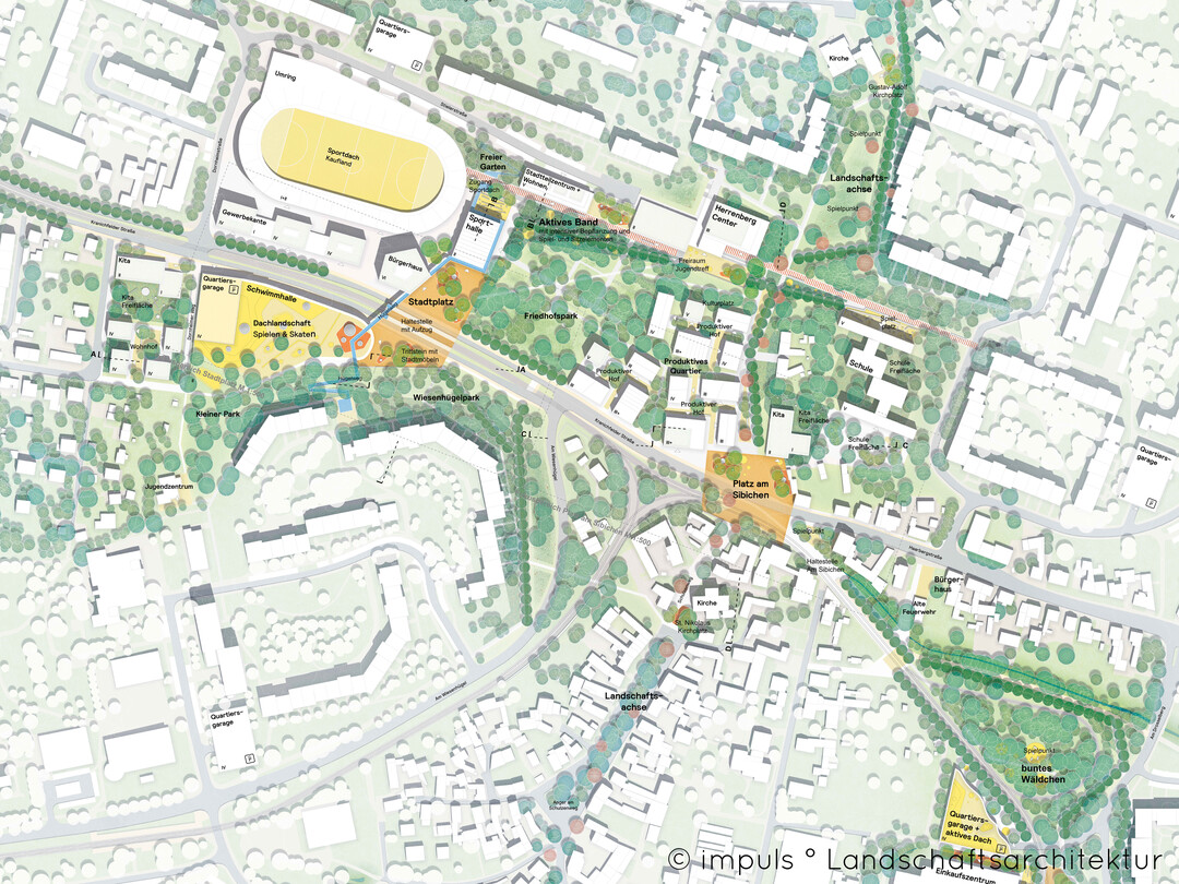 Der Erfurter Sdosten erfhrt durch Neuorganisation seiner Verkehrsrume, Entwicklung neuer Freiraumqualitten und Addition gemeinwohlorientierter Bausteine ein zukunftsfhiges Update fr urbane Lebensrume in der landschaftsnahen Randlage der Stadt. Aktuell zsiert der Straenraum das Gebiet stark in drei bzw. vier Teile  den Herrenberg, den Wiesenhgel, Melchendorf und Drosselberg. Eine bergeordnete landschaftsrumliche Verknpfung wird durch satt flieende Grnrume hergestellt, die von Sdwesten und Sdosten in die neue Mitte hineingefhrt werden und die bestehenden Gebiete verknpfen. Diese bilden neben einer nord-sd-gerichten Landschaftsachse und einer verkehrsreduzierten, ost-west-orientierten Stadtachse das Rckgrat der stdtebaulichen Entwicklungsperspektive. Komfortabel angeschlossen an den ffentlichen Verkehr und eingebunden in ein Netz fr Fugnger und Radfahrer  so soll der Erfurter Sdosten mit der Kernstadt zusammengefhrt und in sich verwoben werden. (AUSZUG ENTWURFSTEXT)