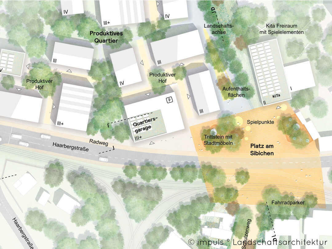 Mit der Neugestaltung wird der Freiraum verbindendes Element zwischen den Hgeln und zieht die angrenzenden Landschaftsrume bis ins Zentrum des Quartiers hinein. Unterschiedliche Intensitten und Ausgestaltungen schaffen identittstiftende Orte und geben Orientierung im Quartier. Das Rckgrat bilden die drei Pltze  Stadtplatz, Platz am Sibichen und Melchendorfer Markt - entlang der Bahnlinie, gemeinsam mit dem Aktivband. (AUSZUG ENTWURFSTEXT)