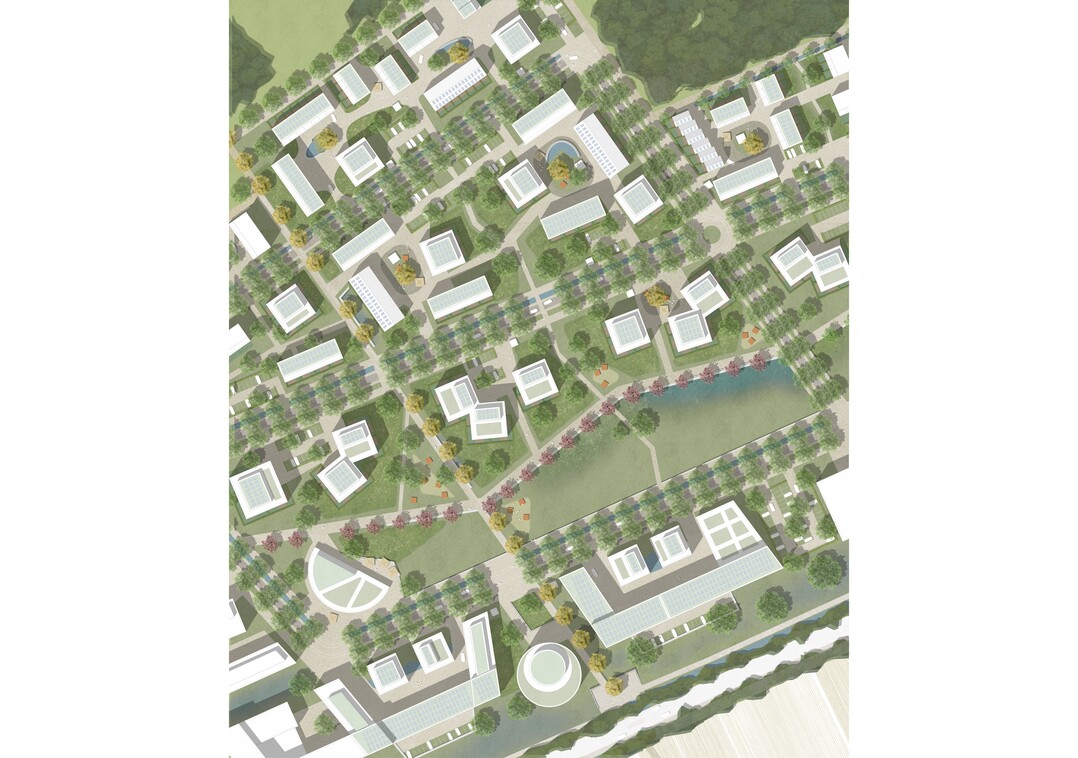 Die als Wohnhfe konzipierten Gebudegruppen ermglichen Raum fr nachbarschaftliche
Gemeinschaft sowie Identifikation mit einem neuen Quartier. Der Hof ist
gemeinschaftlich genutzter Freiraum. Stadtvillen am Park bieten mit ihren grozgigen
Balkonen einen privaten Auenraum in Verbindung zum Park. Dachgrten und
Balkonbegrnung sind wertvolle Beitrge zum Stadtklima.
Der Niersteinpark als zentrales Naherholungsgebiet bekommt mit seinen schattigen
Alleen, Feuchtwiesen und der Promenade eine wichtige gemeinschaftsbildende und
stadtklimatische Funktion. Das anfallende Regenwasser verbleibt auf dem Grundstck,
der attraktive Teich wird ber ein Dkersystem der Dachentwsserungen gefllt.
Extremregenereignisse werden durch Feuchtwiesen abgefangen. (AUSZUG ENTWURFSKONZEPT)