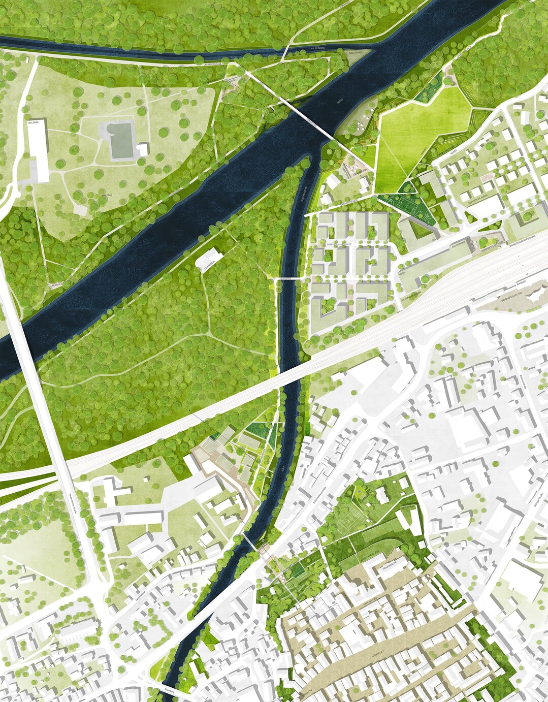 Lageplan Landesgartenschaugebiet des Gewinnerentwurfs: Der neue Donau-Au-Park gibt der stdtebaulichen Entwicklung nrdlich des Bahnhofs einen wichtigen Impuls und bildet knftig das Herzstck des neuen Stadtquartiers am Auweg. Die eng gefasste Uferpromenade entlang der Gnz teilt sich im aufgeweiteten Mndungsbereich in mehrere Wegestrnge, die den Donau-Au-Park rahmen und an die Umgebung anbinden. (AUSZUG ZUM GEWINNERPROJEKT PRESSEMITTEILUNG LANDESGARTENSCHAU GNZBURG 2029 GmbH)