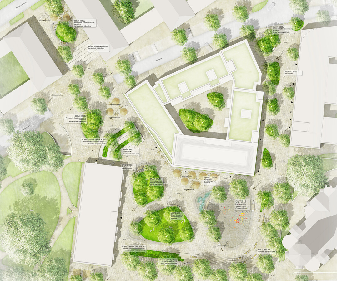 Beginnend auf dem Niveau der Innenstadt bildet eine kleine Stadt-Terrasse den sdlichen Ankunftsort am Weberplatz. Hier befinden sich erste Sitzgelegenheiten unter dem schattigen Baumhain der Bestandslinden, die zum Verweilen und Entspannen einladen. Sie gibt einen Einblick ber die eigentliche Platzebene mit der neuen Stadtbhne und der vielfltigen, klima-aktiven Grnflchen.

Die Stadtbhne als eine leicht abgesenkte Ebene besteht aus einer befestigten, multifunktionalen Oberflche mit Wasserspiel. Hier knnen kleinere Veranstaltungen stattfinden. AUSZUG ENTWURFSTEXT