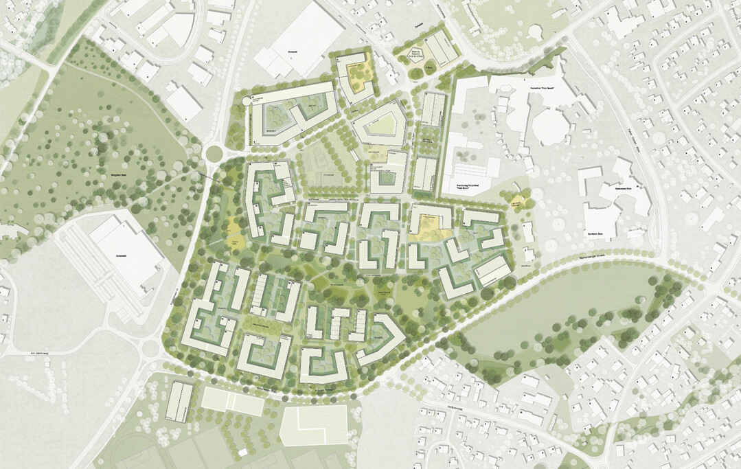 Die Arbeit greift erkennbar die Topographie des Gebiets auf und entwickelt daraus die stdtebauliche Struktur mit einem zentralen und von Nordost nach Sdwest verlaufendem Grnzug. Der Stdtebau bildet dabei ein harmonisches Gesamtbild mit eigener Identitt, das sich gleichzeitig sehr gut als
Nachbarschaft in die Umgebung einbindet. (AUSZUG JURYPROTOKOLL)