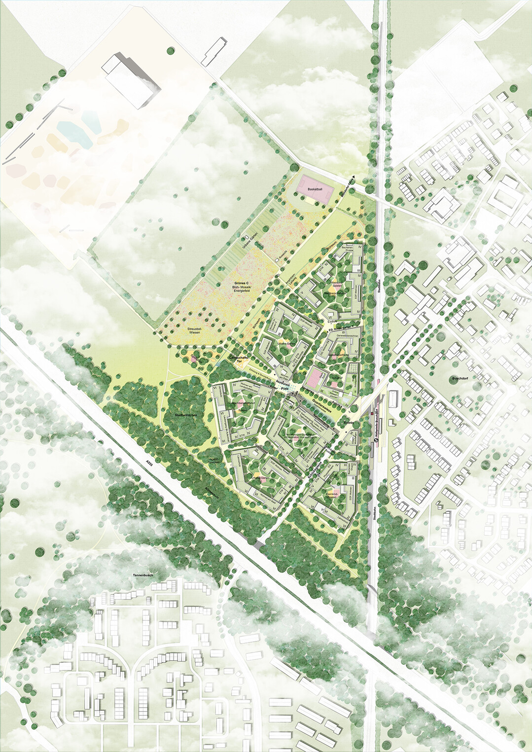 Die Grundstruktur des Gebietes wird durch die Landschaft und die Kulturgeschichte des Ortes definiert. Infrastrukturen der Mobilitt, weite Feldstrukturen, dichte Gehlzbestnde sowie das Grne C haben uns inspiriert. Aus der Verbindung bestehender Strukturen und neuer Grn- und Stadtrume entsteht eine neue Identitt. AUSZUG ERLUTERUNGSTEXT