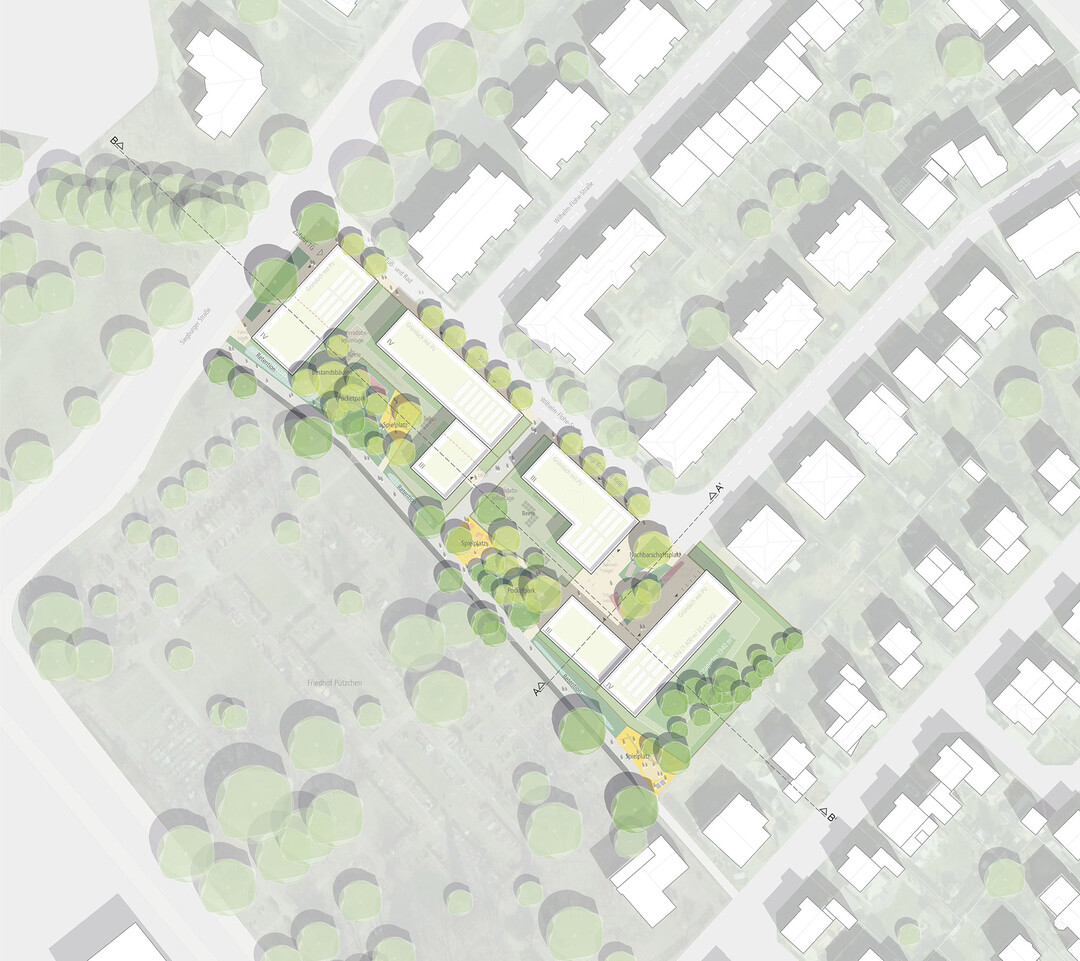 Das flächenmäßig überschaubare Quartier wird durch die Setzung von insgesamt vier individuellen, aber zueinander in Kontext stehende Baukörper aus seiner Randlage zu einem zentral an der Wilhelm-Flohe-Straße angedockten Stadtbaustein. AUSZUG ERLÄUTERUNGSTEXT