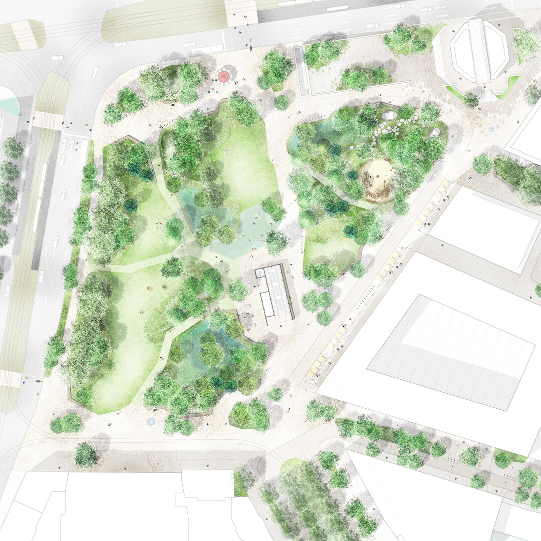 An den Promenadenring, der die Kernstadt Leipzigs von den Siedlungserweiterungen frei stellt, dockt der Wilhelm-Leuschner-Platz an. Er bildet das Entree zur sdlichen Stadt mit den stadtrumlichen Verbindungen des
Peterssteinwegs/Karl-Liebknecht-Strae und der stdtebaulichen Achse bis zum Vlkerschlachtdenkmal. Da der Platz
nicht Teil des Rings ist (sondern an ihn angrenzt) darf er im Gegensatz zu den klassizistisch gestalteten Parkanlagen des
19. Jahrhunderts und den Plnen, den Promenadenring wieder als Allee zu entwickeln, andersartig sein. Wir schlagen
einen Platz vor, der als Klimakomfortinsel die BrgerInnen mit der Natur und ihren Prozessen zusammenbringt. (AUSZUG ERLUTERUNGSTEXT)