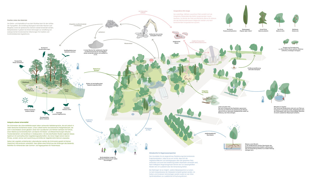 Wir sehen im knftigen Wilhelm-Leuschner-Platz das Potential, einen Attraktor fr die Stadtgesellschaft zu erzeugen und
in einen lebendigen Dialog mit der urbanen Biodiversitt zu treten. Es ist unser Ziel, die verschiedenen Akteure auf dem
Platz in synergetische Beziehungen zu bringen und dabei Klimaschutz, Klimaresilienz und Vielfalt zu kombinieren. So
verzahnen sich Materialkreislufe mit dem Aufbau von neuen Biotopen und erlebbarem Wissen und urbane
Wassersysteme werden zu einem sinnlichen Erlebnis. (AUSZUG ERLUTERUNGSTEXT)