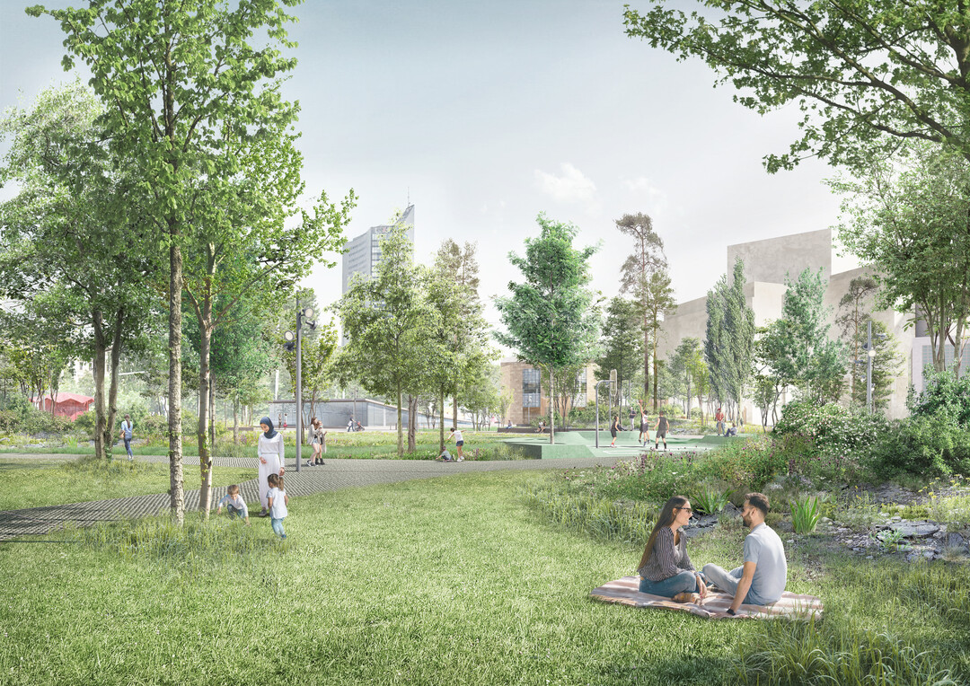 Im Zentrum steht das Naturerleben mit den Mglichkeiten des Spazierengehens und Aufenthalt  sei es auf einer der
langen Bnke im Schatten oder mit einer Decke auf einer Rasenlichtung. In den vegetativen Platz sind weitere Angebote
wie kleine Pltze, ein Spielnest oder Skate- und Sportmglichkeiten eingebettet. Whrend Hitzephasen kann an vier
Gehlzgruppen zeitweise ein feiner Sprhnebel auftreten, der die Umgebung akklimatisiert und den Aufenthalt
angenehmer macht. (...) Der Campusplatz ist Teil der Gesamtgestaltung. Hohe, aufgeastete Bume bilden auf dem wassergebundenen Platz einen
angenehm halbschattigen Raum. (AUSZUG ERLUTERUNGSTEXT)