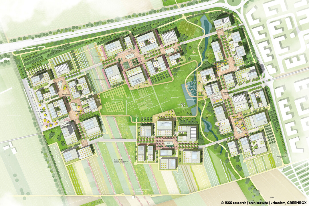 Das Entwurfsgebiet an der westlichen Stadtgrenze von Mainz wird zu einem neuen Biotechnologie Campus entwickelt. Die stdtebauliche Grundstruktur besteht aus vier Clustern, die durch eine intensiv durchmischte Nutzungsverteilung autark funktionieren und eine Stadt der 5 Minuten ermglichen. Jedes Cluster hat eine spezielle Rolle innerhalb des Gesamtareals, sodass die Nutzungen sich gegenseitig begnstigen und untersttzen. Die Baufelder sind entlang der ringfrmigen Clusterachse  der Schwammstrae angeordnet. (AUSZUG ERLUTERUNGSTEXT)
