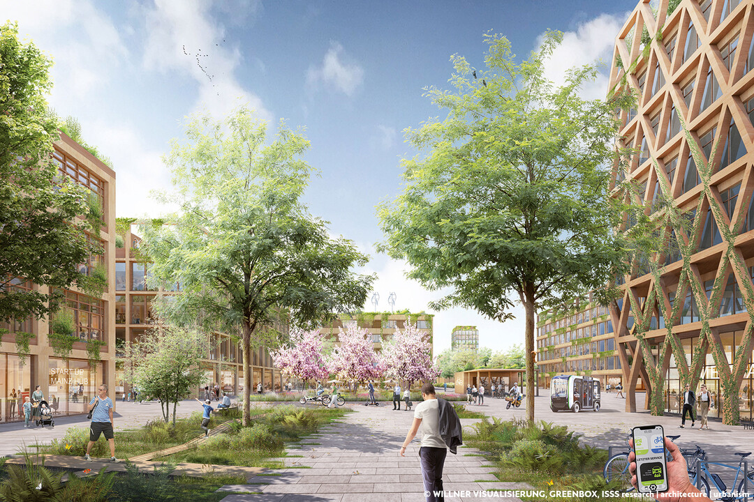 Die Baufelder sind entlang der ringfrmigen Clusterachse  der Schwammstrae angeordnet. Mobilittspavillons in den Zentren der Achsen und auf den Klimaplazas dienen als Treffpunkt. Ein multifunktional genutzter Park verbindet die Cluster strukturell und funktionell. (AUSZUG ERLUTERUNGSTEXT)