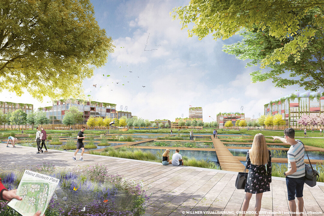 Der Freiraum bildet den Grundstein fr eine klimaresiliente und nachhaltige Stadtplanung mit einem zentralen Park als Frischluftschneise und dem Grnkorridor als blau-grne Verbindung mit khlender Funktion in nordsdlicher Richtung. Unterschiedlichste Flchen fr Freizeitaktivitten sind im Park verankert. Ein See im Park" dient als Speichervolumen im Regenwassermanagement der Schwammstadt. Blhstreifen bernehmen eine strukturgebende Funktion der Verzahnung mit dem Umland. (AUSZUG ERLUTERUNGSTEXT)