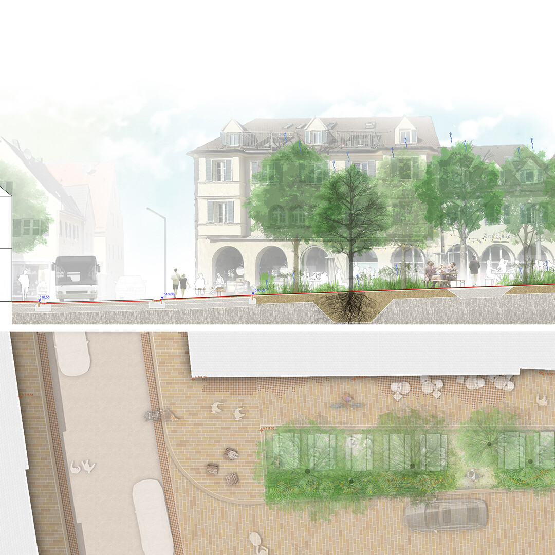 "In der Intarsie neben den Bushaltstellen wird das Wasser als thematischer Leitfaden der Ortsmitte in Form eines temporren, interaktiven Wasserspiels bzw. Trinkwasserbrunnen sichtbar. Der Brunnen ist zentral in der Ortsmitte vor der Apotheke platziert. Bei Aktivierung des Wasserstrahls fliet das Wasser in einer flachen Rinne die Intarsie entlang bis das Wasser in einer Pflanzflche in der nchsten Intarsie landet und dort versickert. Die Rinne ldt zum Spielen, Pritscheln und Abkhlen ein. Nur bei aktiver Bettigung des Brunnens fliet Wasser, sodass kein dauerhafter Wasserkreislauf notwendig ist." Auszug Entwurfstext