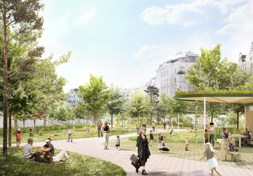 Die Parklandschaft bietet Raum fr Regeneration. Hier knnen alle inmitten
von Grnflchen entspannen und Rckzug von Hitze und Lrm konsumfrei
genieen. Die Neuinszenierung erfolgte mit dem Ziel, weniger befestigte
Flchen zu schaffen und grozgigere Grnflchen zu etablieren. Die Wege
wurden auf das absolute Minimum reduziert, dadurch entsteht eine grozgigere
und luftigere Atmosphre. Die Parkbhne und die Nachbarschaftsbhne akzentuieren jeweils den Beginn der Grnflche. (AUSZUG PRESSEMELDUNG)