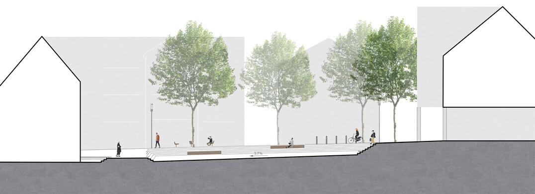 Der neue Rathausplatz wird klar gegliedert und zu einer Einheit zusammengefasst. Eine grozgige Treppenanlage markiert den Eingang zum Rathausplatz. Platzierte Bnke auf Stufenlage bieten den Passanten die Mglichkeit zum Entspannen mit Blick auf den Markt und das Rathaus.[Auszug: Entwurfserluterung]