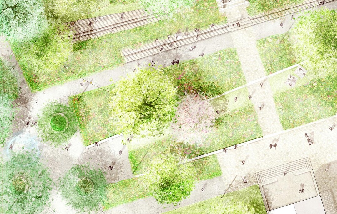 Im Klostergarten sind historische Gartenkultur mit zeitgenssischer Gestaltung vereint. Mehrstmmige Zier-Kirschen (Prunus sargenti) und Zier-pfel (Malus toringo) bilden einen festlich-eleganten Rahmen. 
Sie bieten im Vorfrhling und Frhling imposante Blhaspekte. Die Zierpfel haben ab dem Sptsommer kleine pfelchen mit hohem Schmuckwert. Die leuchtend orange-rote Herbstlaubfrbung der Zier-Kirschen schafft einen Kontrast zum gelben Laub der Zier-pfel.[Auszug Entwurfserluterung, DnD Landschaftsplanung]