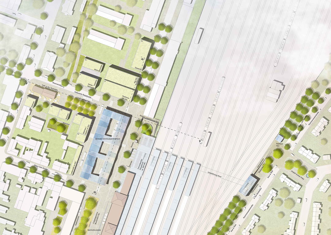Der neue Busbahnhof rckt nach Norden: "Die nrdliche Kante des Bahnhofsplatzes wird durch den neuen Busbahnhof mit Fernbus-Terminal und Aufenthaltsrumen gebildet. Hier werden smtliche Funktionen unter einer groen, filigranen Dachstruktur gebndelt. Die Anordnung der Bussteige am neuen ZOB in Sgezahnform ermglicht unabhngiges An- und Abfahren der Busse. Mit den 16 Haltemglichkeiten knnen somit flexible Betriebskonzepte fr die Stadt- und Regionalbuslinien sichergestellt werden. Gleichzeitig werden durch die zusammenhngenden Bussteige Umsteigevorgnge einfach und auf kurzen Wegen mglich und die Fahrgaststrme von und zum Bahnhof werden gebndelt. Ein zugeordnetes Servicegebude bildet die Raumkante zur vorhandenen Bebauung und bietet die ntige Infrastruktur, wie Fahrscheinverkauf, Info und WCs." Auszug Entwurfstext
