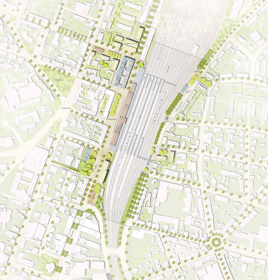 "Das gesamte Bahnhofsquartier wird als zusammenhngender langgestreckter Stadtraum verstanden in den die begrnten Wegeachsen einmnden und ihn mit der Stadt verweben. Der Bahnhofsvorplatz bildet eine Mitte als kommunikative Drehscheibe, von dem stdtisches Leben ausgeht und wo sich alle Mobilittsformen konzentrieren. Als funktionaler Stadtraum und Knoten werden hierber alle Verkehrsarten bersichtlich und barrierefrei angebunden (...) Das Bahnhofsquartier gliedert sich in zwei Teilbereiche, im sdlichen Bereich entstehen gewerbliche Flchen, im nrdlichen Bereich befindet sich der neue ZOB und ein neues Wohnquartier." Auszug Entwurfstext