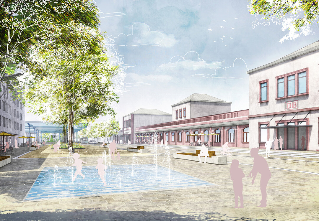 Gestaltung des neuen Bahnhofsvorplatzes: "Gegenber dem historischen Bahnhofsgebude entsteht ein neuer Platzraum, der die neue Mitte des Bahnhofsquartiers bildet (...)Hauptaugenmerk ist die Bildung eines klar und schlicht gestalteten Platzes an diesem wichtigen Verkehrsknotenpunkt. Die Fahrbahn wird in die Gestaltung integriert (...) So wird zwischen smtlichen Fassaden eine einheitliche Platzflche mit einem barrierefreien Bodenbelag in einem warmen Farbton aufgespannt.Der vorhandene Baumbestand wird erhalten und zum prgenden und gestaltgebenden Motiv des neuen Platzes. Eine flache Wassermulde in Form einer Pftze macht das Regenwasser erlebbar und begehbar. Kleine Fontnen bilden ein zustzliches spielerisches Element." Auszug Entwurfstext