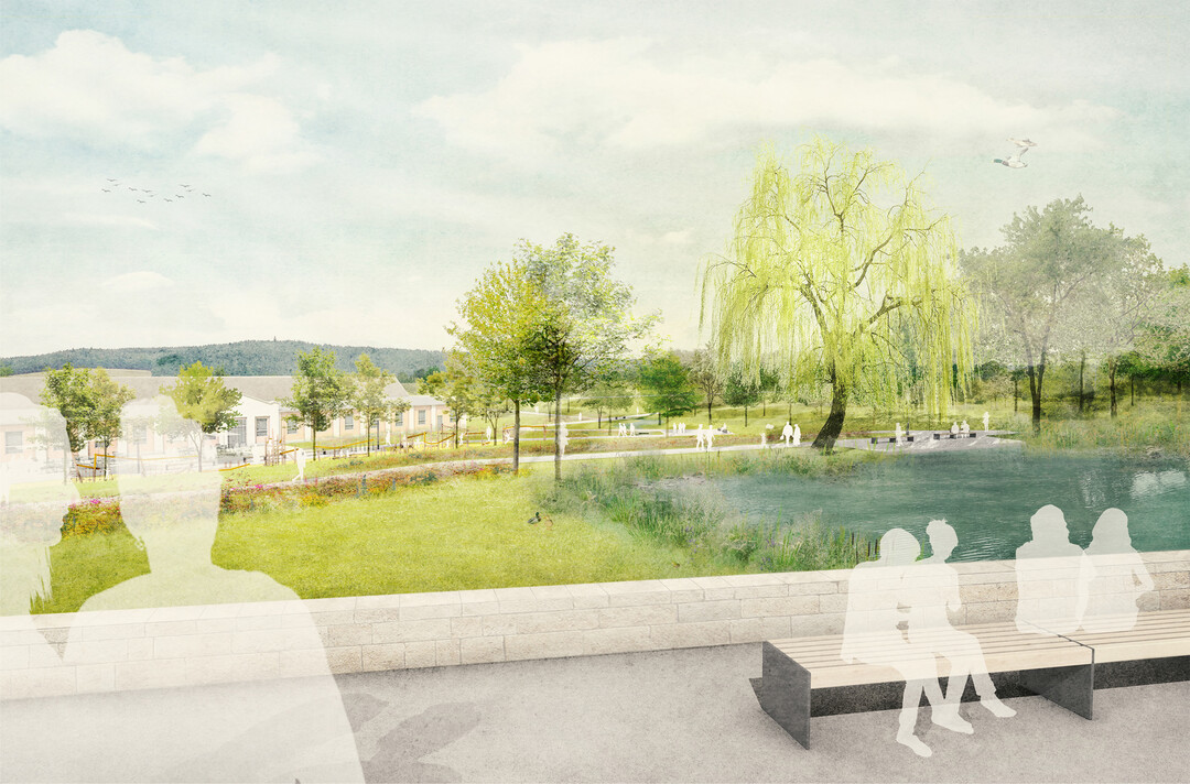In Neustadt an der Orla wird das Tal langsam etwas tiefer und steiler - parallel zur
Bahnstrecke verluft die Garten-Promenade auf gleichbleibendem, leicht erhhtem Niveau, von hier aus werden die
neuen Freirume jeweils durch gewundene, der Topographie folgenden Wege hangabwrts erschlossen. Von der neuen
Promenade bieten sich immer wieder Ausblicke in die Umgebung mit dem Bismarckturm und in die Stadt, sie
verbindet gleichzeitig die beiden Teiche Gamsenteich und Buteileteich. An der Klosterkirche verbindet sich die
Innenstadt ber den behutsam renovierten und erneuerten historischen Rosengarten und den Stadtgarten mit der
Promenade. (Auszug aus Erluterungstext)