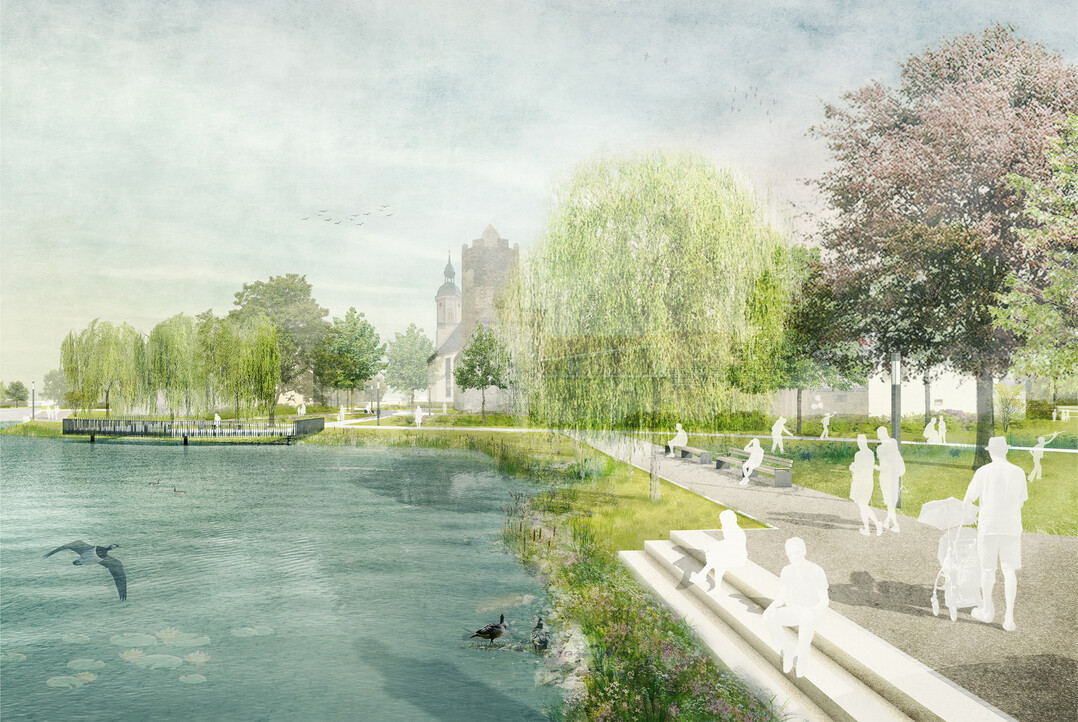 An der Orlaquelle formt eine Teichkette im noch flachen Tal eine markante
Wasserlandschaft, welche am Speicher Triptis mit geradlinigen Wegen und dem neu gefassten Sportplatz den bergang
zur Siedlung definiert. Vom Festplatz aus entlang des Freibads werden der Orlateich und der hher gelegene Sportpark
mit seinen neuen Spiel-, Sport- und Bewegungsangeboten durch einen neuen Naturrundweg erschlossen. Von hier aus fliet die Orla weiter als kleines Flsschen, teils berdeckt, zwischen und hinter den Husern zum Schlossteich. (Auszug aus Erluterungstext)