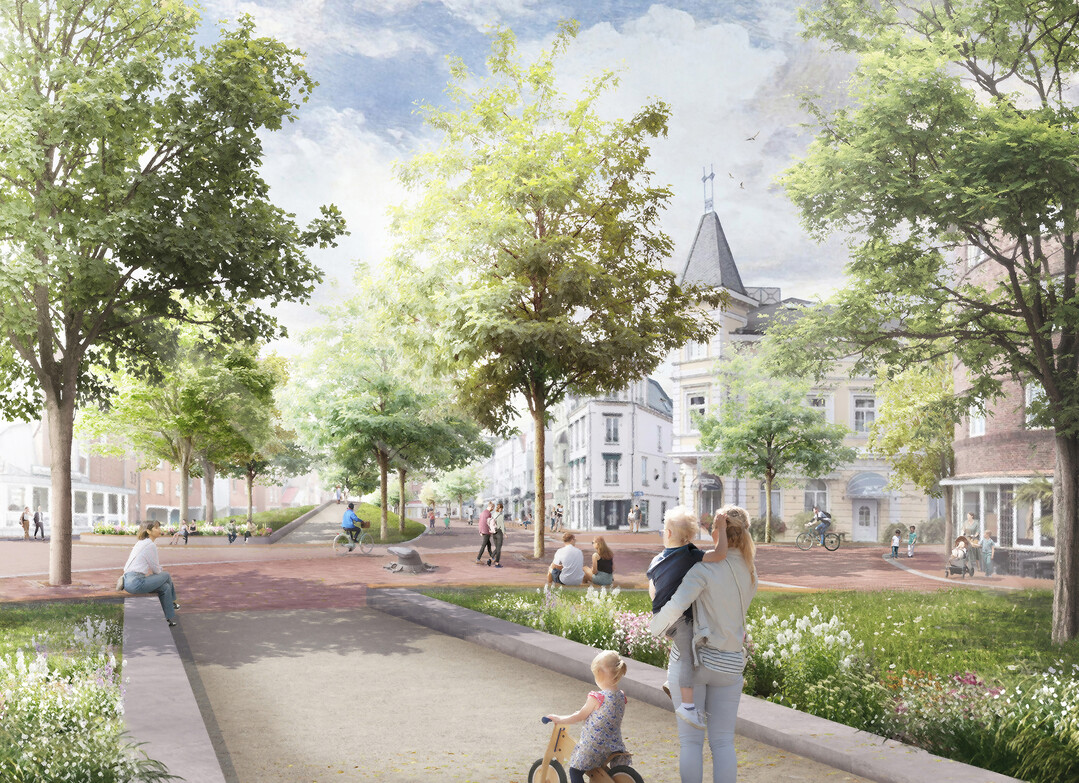 Den Auf- und
Abgngen vorgelagert sind Sitzelemente, die den Blick auf den Platz und in Richtung
gegenberliegenden Deichabschnitt lenken. Weiterhin fhren linear angeordnete
Baumpflanzungen den Verlauf des Deiches ber den Platz hinweg fort und spenden, hnlich
anmutend eines Laubenganges, gengend Schatten in heien Sommermonaten. Die
Verkehrsflchen werden auf ein Mindestma reduziert und in der Oberflchengestaltung integriert.
Es entstehen bequeme, offene und bersichtliche und nicht zuletzt barrierefreie Wegebezge. (AUSZUG ERLUTERUNGSTEXT)