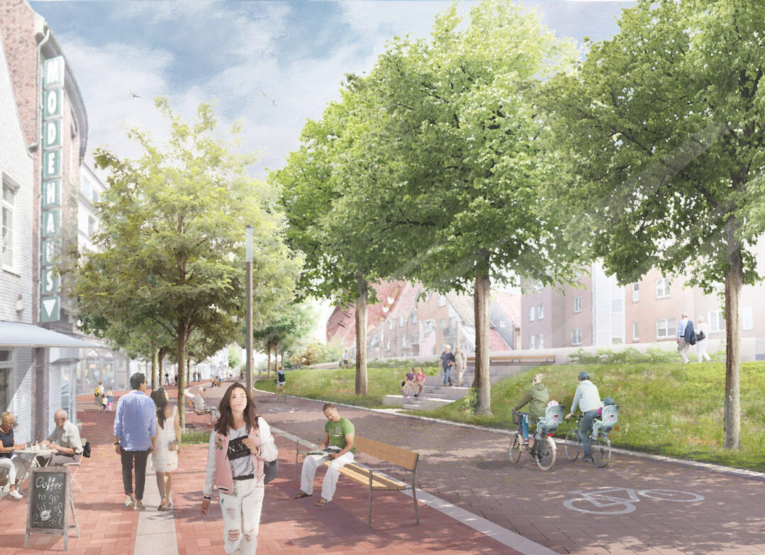 Die Deichstrae schliet an den Platz am Slippen an und fhrt, parallel zum Deich stringent weiter
in Richtung Sden. Auf diesem Abschnitt lassen sich unterschiedliche Geschwindigkeiten erleben 
das Urbane Deichband fhrt entlang der Gebudefassade, ldt zum Flanieren und Schlendern
ein und bietet Platz fr gastronomische Nutzungen. Ein taktiler Streifen trennt die langsamen
Nutzungsarten voneinander. Parallel hierzu verluft der schnellere Bewegungsstrang  die
Deichstrae. (AUSZUG ERLUTERUNGSTEXT)