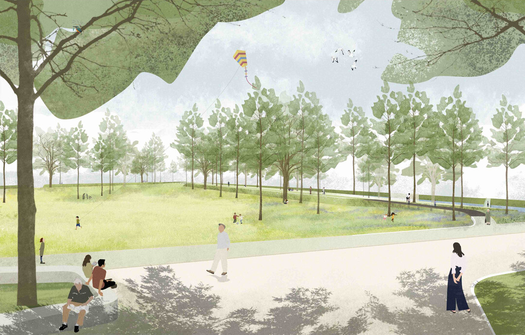 Der Stadtpark wurde als neuer Mittelpunkt und Grnes Herz gut in das Umfeld eingebunden. Die unterschiedliche Topografie (zum Beispiel der Idee der versunkenen Grten) bietet Abwechslung und Spannung (...). Positiv wird auch die gelungene Abgrenzung vom privaten zum ffentlichen Raum bewertet. (AUSZUG JURYPROTOKOLL, Teilbereich Bdingen)