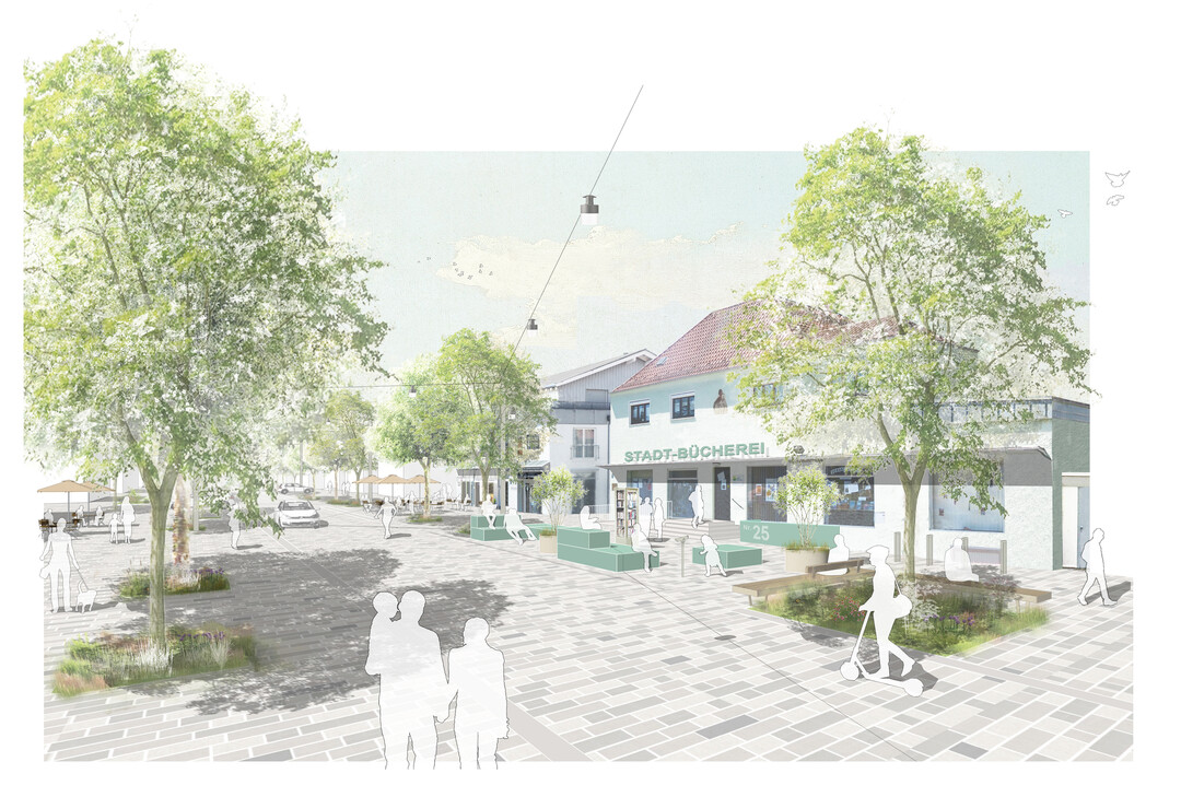 Das Stadtzentrum der Stadtrandgemeinde
Haar ist geprgt von einem durchgehenden
naturnahen Stadtgrn. Dieser grne Charakter
sollte auch bei der Neugestaltung
der Leibstrae das entscheidende Leitziel
sein. (AUSZUG ERLUTERUNGSBERICHT) Die Arbeit erkennt die stdtebauliche Qualitt der Leibstrae
in ihren angrenzenden Architekturen, deren Nutzungsvielfalt
und dem schon heute stark durchgrnten Charakter. (AUSZUG JURYPROTOKOLL)