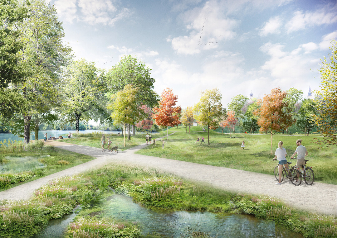 Vom zentralen Marktplatz gelangt man durch das Schlosstor zum Schlosspark, der durch seine spektakulren Ausblicke auf das Flusstal besticht. Der eindrucksvolle Baumbestand und die vorhandenen Bastionen und Stadtmauern geben den Rahmen fr diesen Ort. (...)Der Weg am Inn und entlang des Kurparks fhrt zum Grntal, das bislang von offenen Grnflchen und landwirtschaftlichen Nutzflchen geprgt ist. Der beeindruckende Baumbestand am Altarm des Inns, der mittig verlaufenden Hecke und der Bepflanzung am Stadtbad bilden den Rahmen fr diesen groen Freiraum, der zu einem dauerhaft ffentlichen Stadtpark fr Schrding entwickelt wird. Unter Einbeziehung bestehender Wege entsteht ein Rundweg, der die bislang durch die zentrale Hecke geteilten Flchen miteinander verbindet und einen attraktiven Landschaftspark mit vielfltigen Angeboten entstehen lsst.(AUSZUG ENTWURFSTEXT)